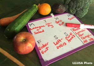 White board with meal plan for a week, surrounded by fresh fruit and veggies