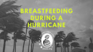 Image reads: 'Breastfeeding during a Hurricane" and shows a background of palm trees in the wind. Also the LLLUSA logo is visable