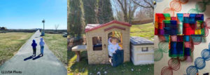 Kids walking outdoors, Child playing in a play house in the yard and paint